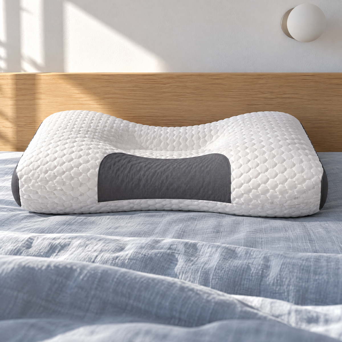 Ergonomisches Kopfkissen mit Nackenstütze am Kopfende eines Bettes mit blaugrauer Bettwäsche