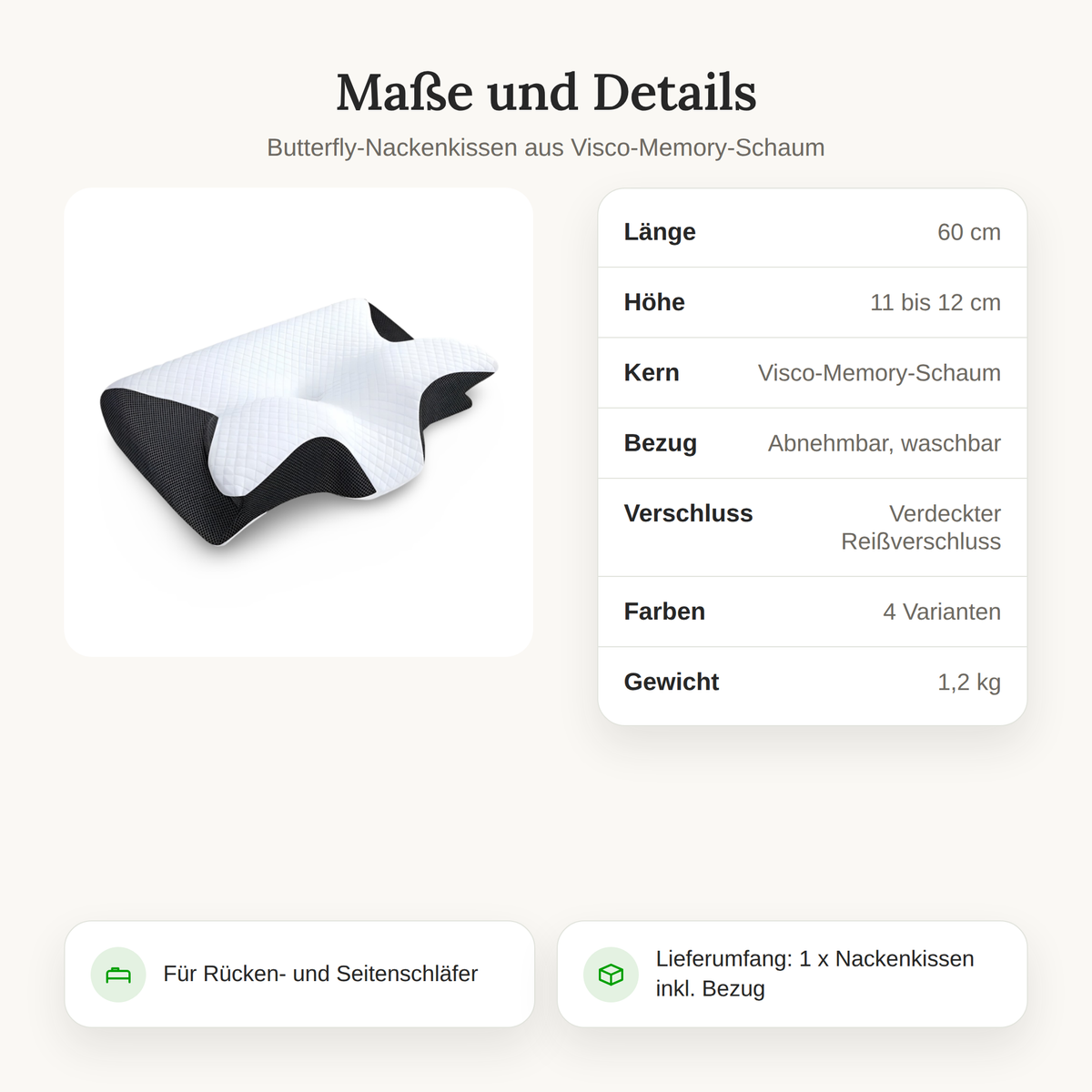 Maße und Details des Nackenkissens: 60 cm lang, 11 bis 12 cm hoch, 1,2 kg, vier Farbvarianten