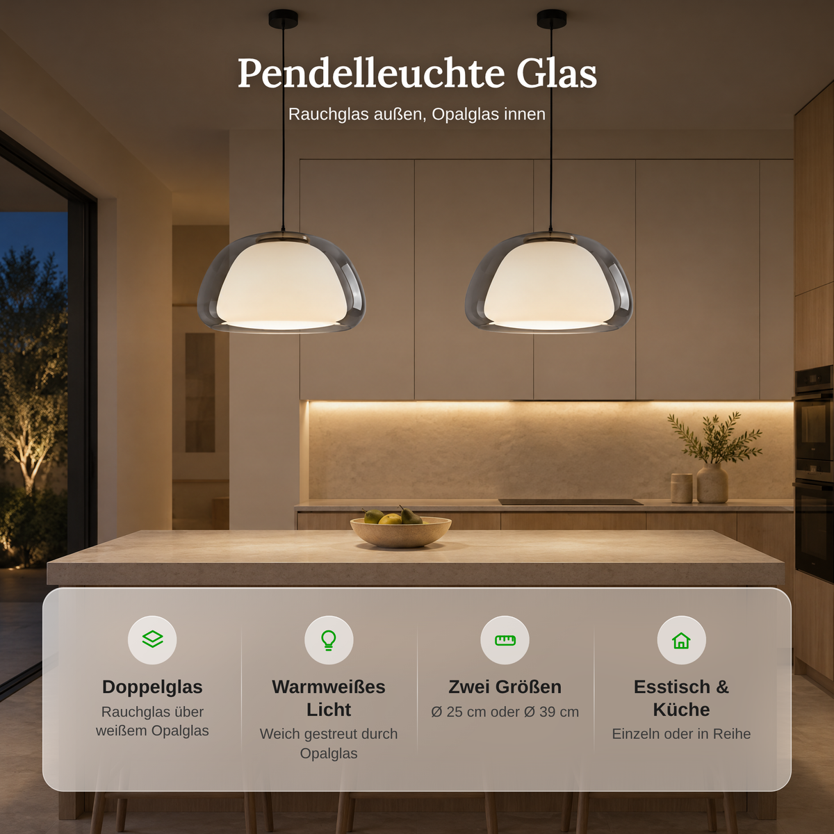Vorteile der Pendelleuchte Glas: Doppelglas aus Rauchglas und Opalglas, warmweißes Licht, Ø 25 oder 39 cm, für Esstisch und Küche