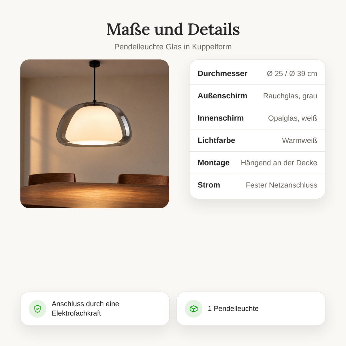 Maße und Details der Pendelleuchte Glas: Ø 25 oder 39 cm, Rauchglas außen, Opalglas innen, warmweißes Licht, fester Netzanschluss