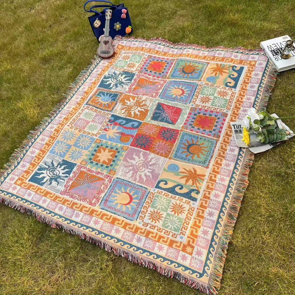 Bunte Boho Picknickdecke mit Fransen | Waschbare Polyester Outdoor-Decke für Camping, Strand, Sofa und Garten