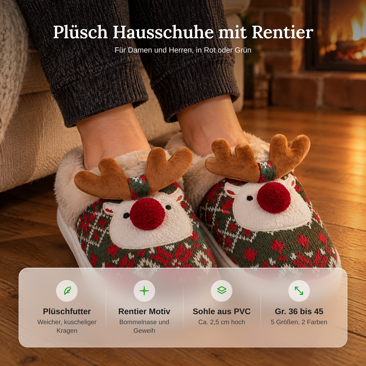 Vorteile der Plüsch Hausschuhe mit Rentier: Plüschfutter, Rentier Motiv, Sohle aus PVC, Größen 36 bis 45