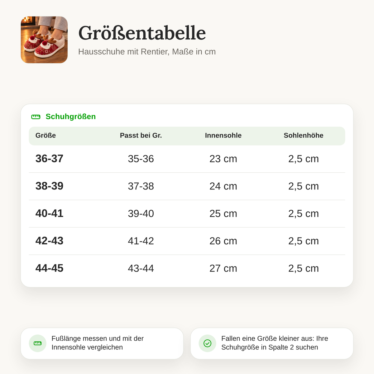 Größentabelle Rentier Hausschuhe: passende Schuhgröße, Innensohle und Sohlenhöhe in cm für 36-37 bis 44-45