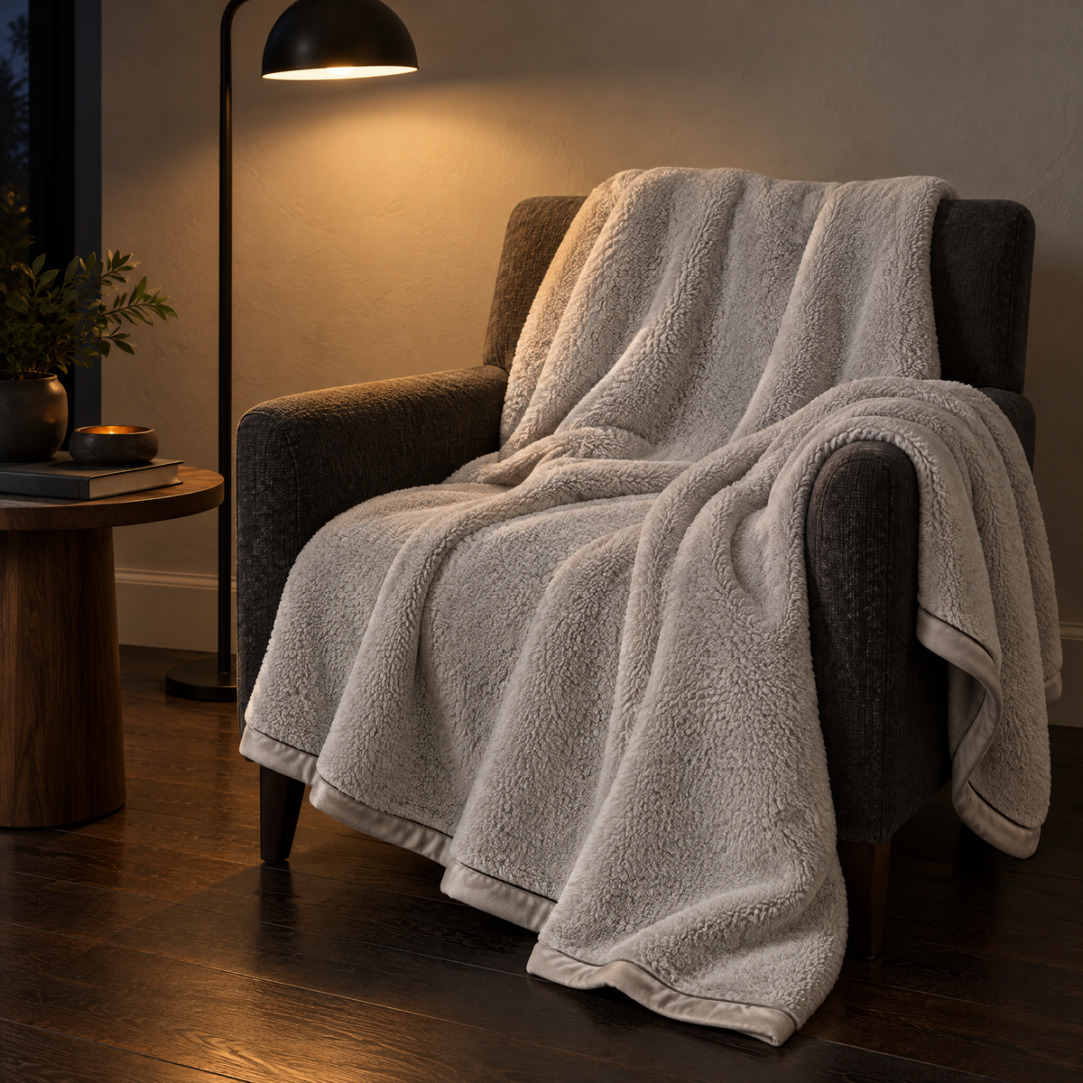 Graue Plüschdecke über einem dunklen Sessel im abendlich beleuchteten Wohnzimmer