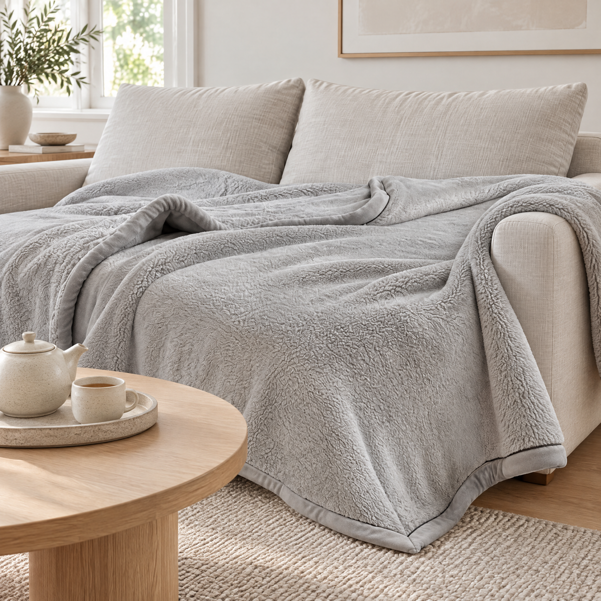 Graue Plüschdecke auf einem hellen Leinensofa mit Teekanne auf dem Couchtisch