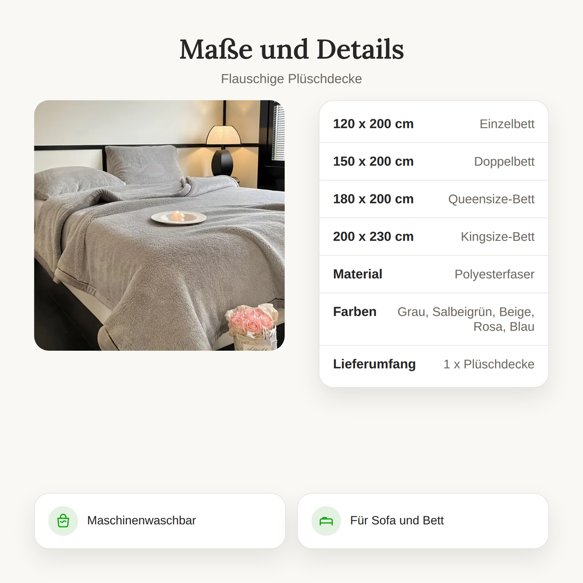 Maßtabelle der Plüschdecke von 120x200 bis 200x230 cm mit Material und Farben