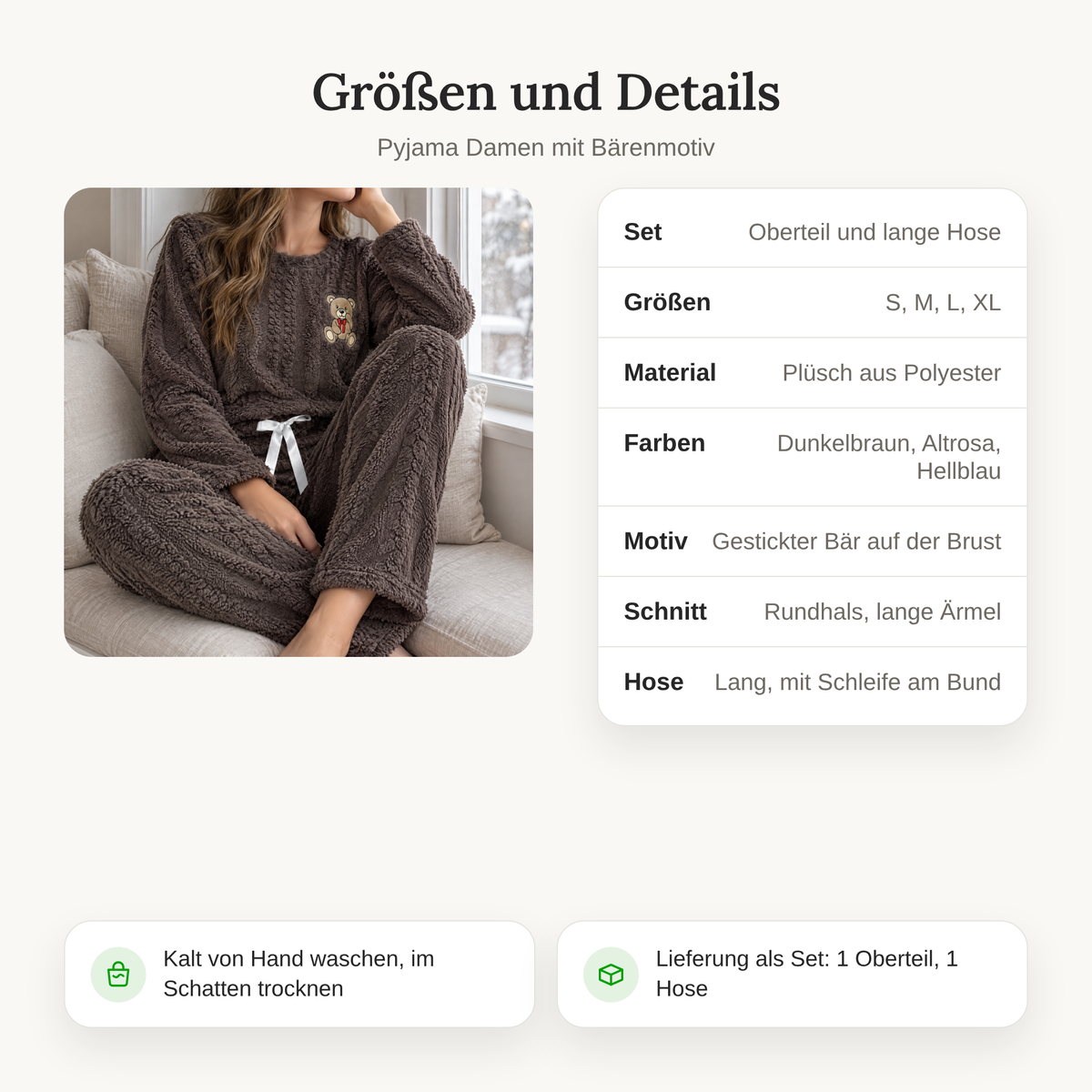 Größen und Details: Oberteil und lange Hose, Größen S bis XL, Plüsch aus Polyester, 3 Farben