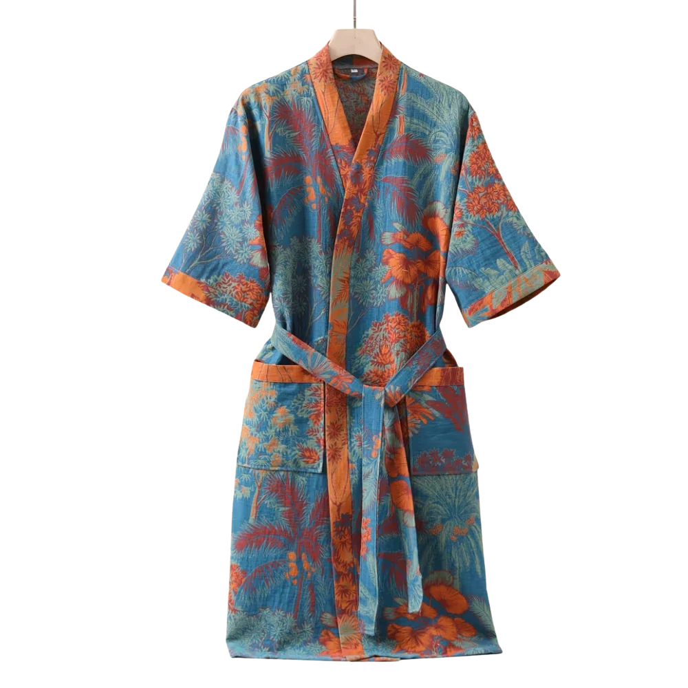 Baumwoll-Gaze Kimono Bademantel - Leichter Morgenmantel & Loungewear für Damen & Herren