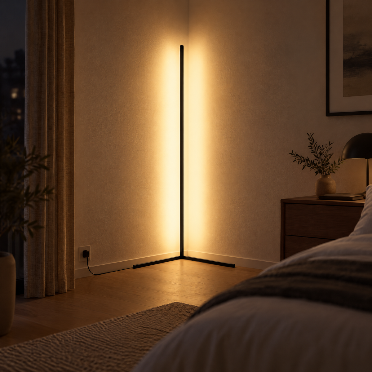 Schwarze RGB-Ecklampe leuchtet warm in der Schlafzimmerecke, USB-Kabel führt zur Steckdose