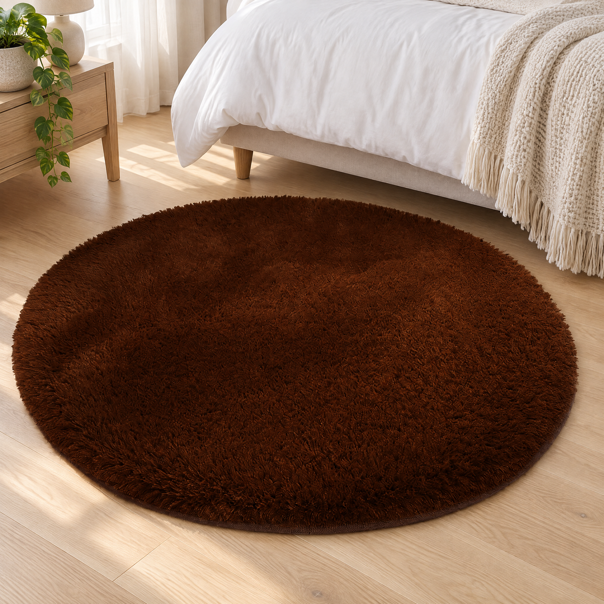 Runder Hochflor-Teppich in Kaffeebraun auf hellem Holzboden neben einem Bett mit weißer Bettwäsche