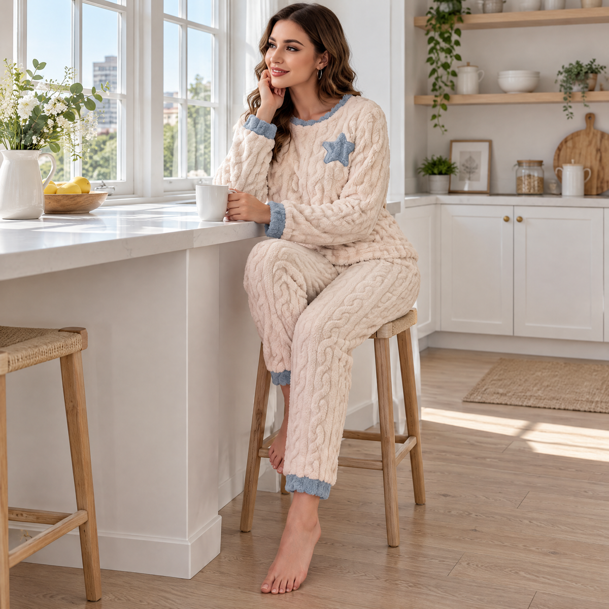 Frau im Fleece Pyjama mit Stern sitzt auf einem Hocker an der hellen Frühstückstheke