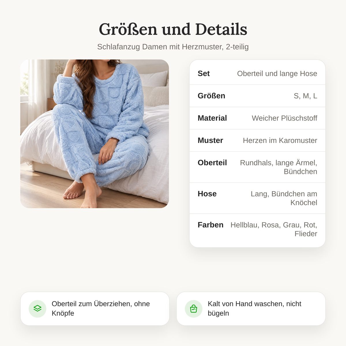 Größen und Details des Schlafanzugs Damen: Oberteil und lange Hose, Größen S, M, L, fünf Farben