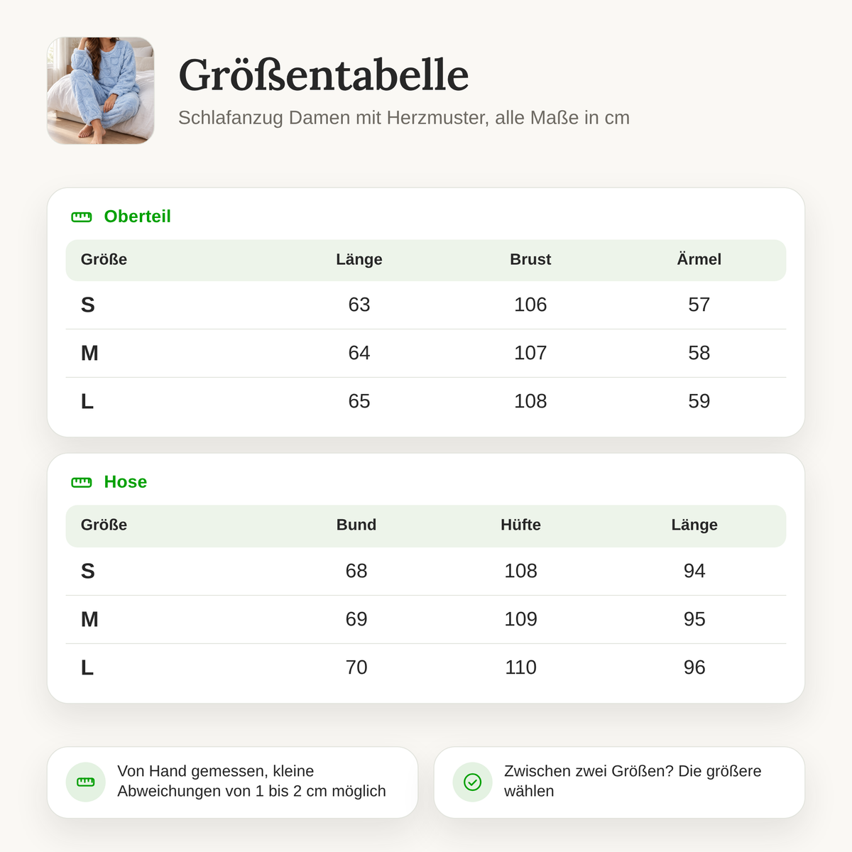 Größentabelle Schlafanzug Damen mit Herzmuster: Länge, Brust und Ärmel des Oberteils sowie Bund, Hüfte und Länge der Hose in cm für S bis L