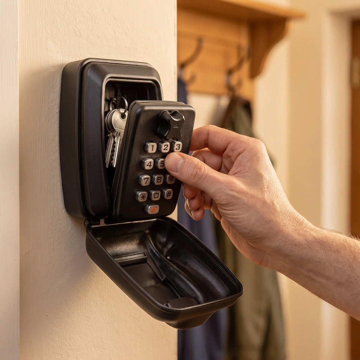 Schlüsselsafe an der Wand im Flur, Hand tippt den Zahlencode ein