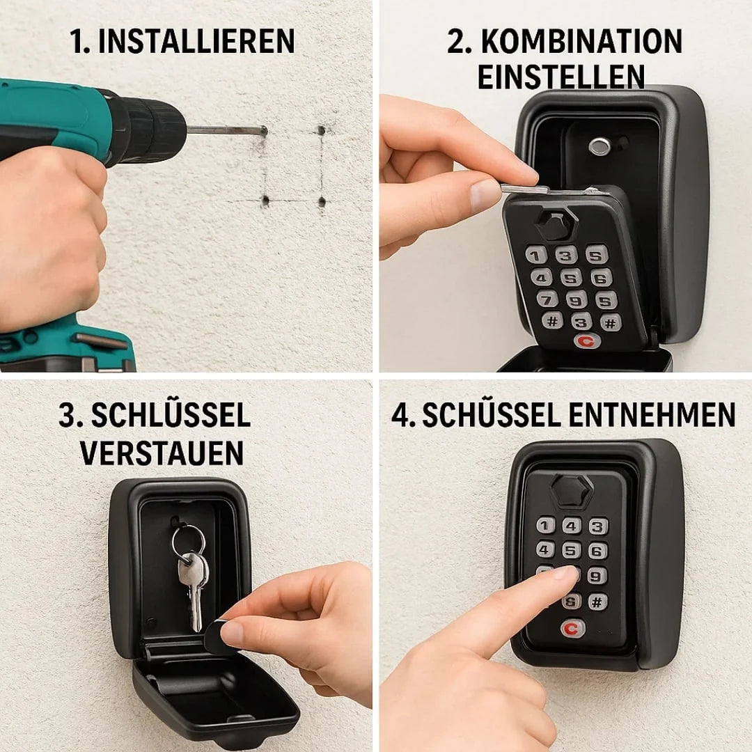 Anleitung in vier Schritten: montieren, Code einstellen, Schlüssel einlegen, Schlüssel entnehmen