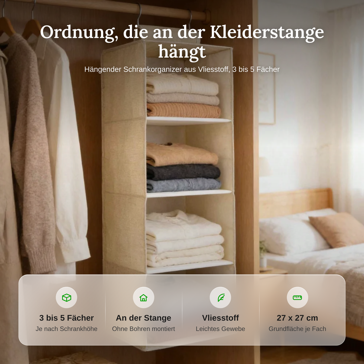 Merkmale des hängenden Schrankorganizers: 3 bis 5 Fächer, Montage an der Kleiderstange, Vliesstoff