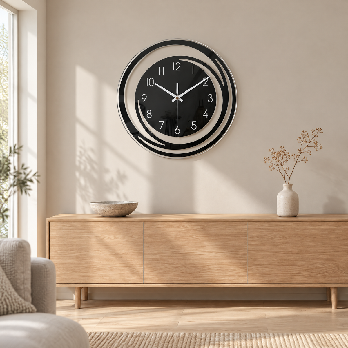 Schwarze Wanduhr mit offenen Ringen über einem Eichen-Sideboard im skandinavischen Wohnzimmer