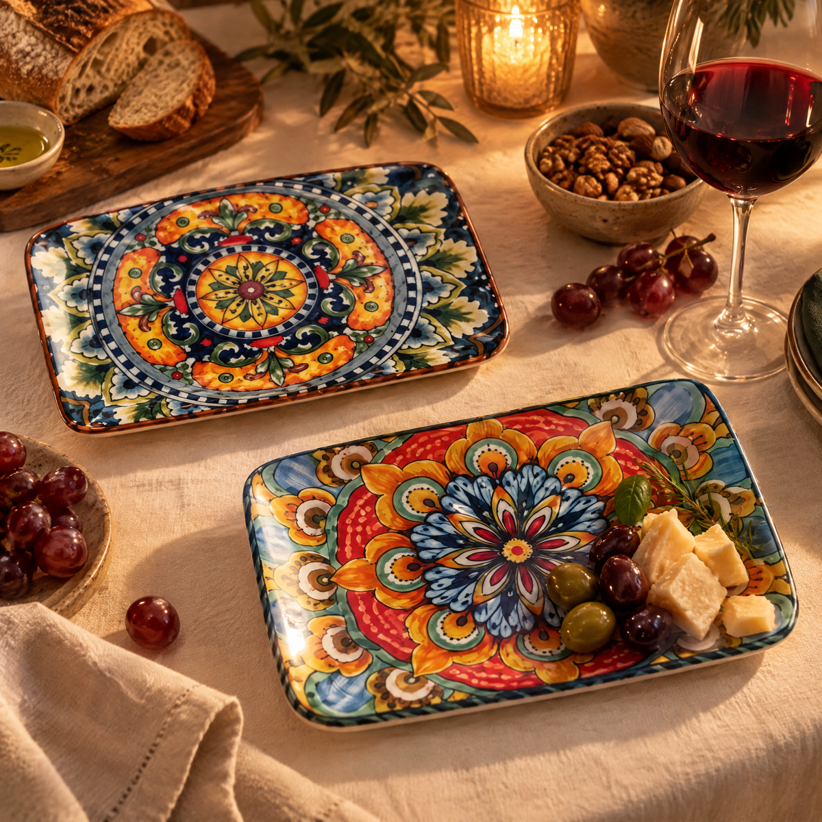 Zwei Servierplatten aus Keramik mit Mandala-Muster auf einer Leinentischdecke neben einem Glas Rotwein