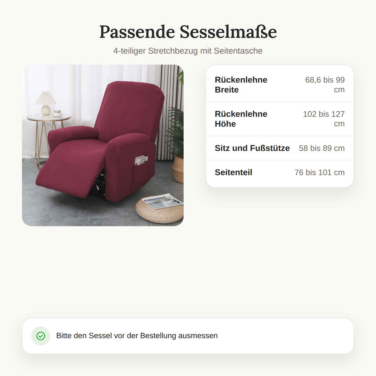 Passende Sesselmaße für den 4-teiligen Sesselbezug