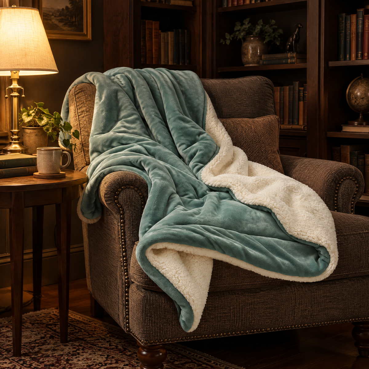 Sherpa-Decke über einem Lesesessel in einem Arbeitszimmer bei warmem Abendlicht