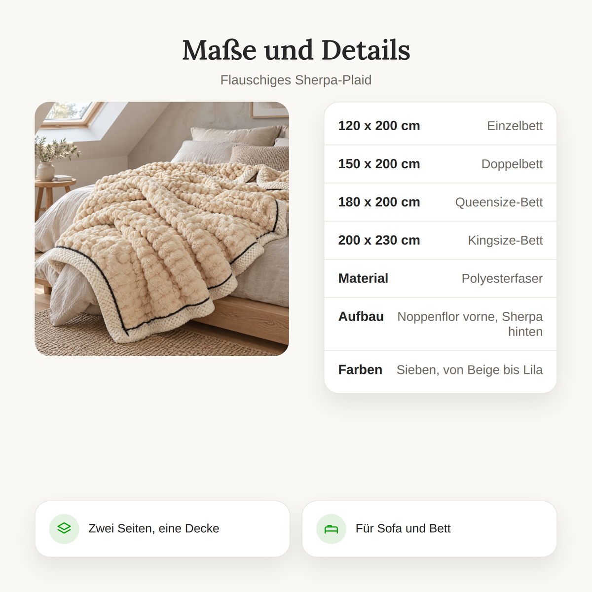 Maßtabelle des Sherpa-Plaids von 120x200 bis 200x230 cm mit Material und Aufbau