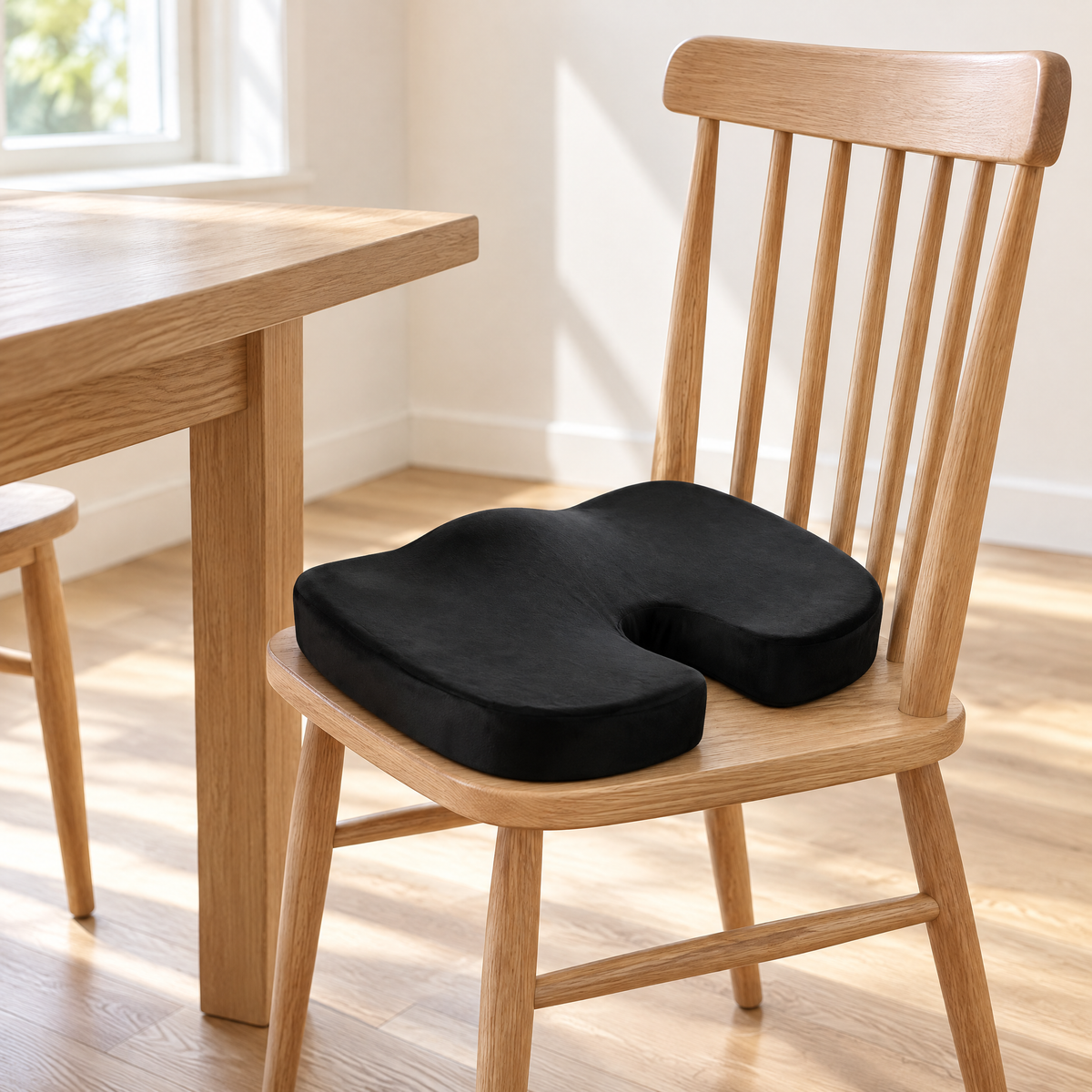 Weiches Sitzkissen in U-Form auf einem Holzstuhl am Esstisch