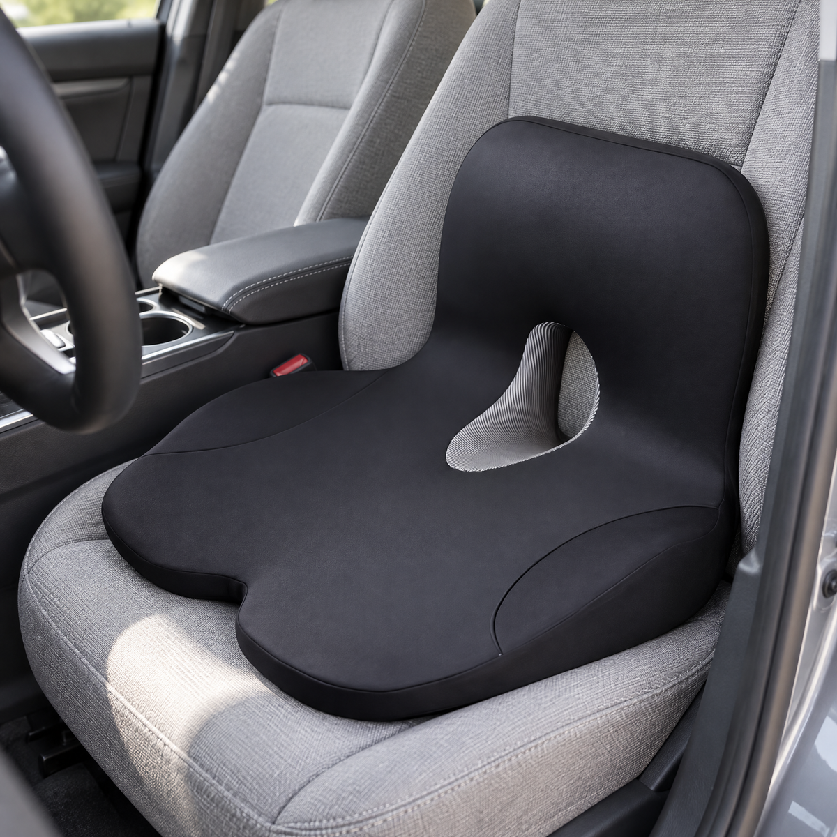 Ergonomisches Sitzkissen mit Rückenlehne in Schwarz auf dem Fahrersitz eines Autos