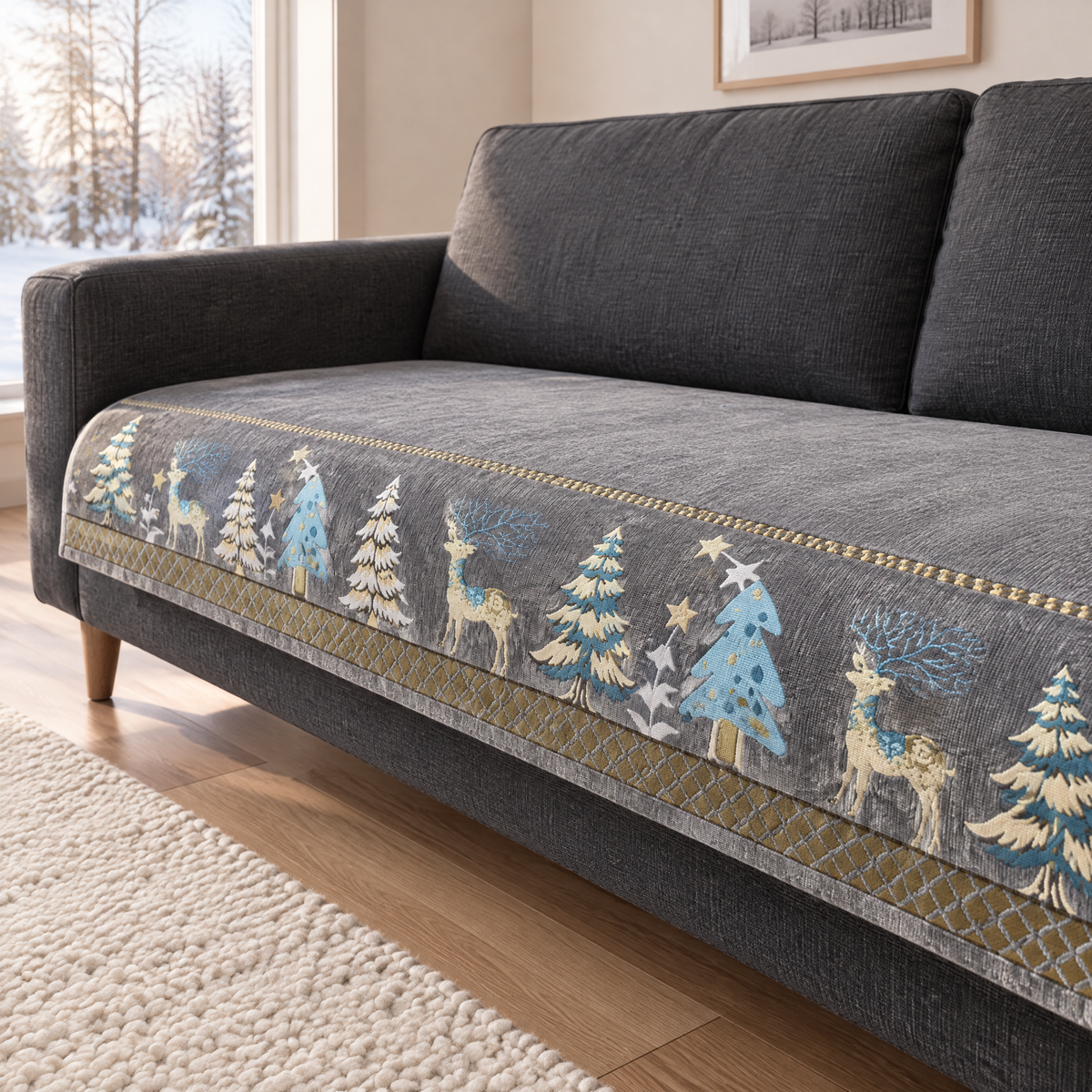 Sofabezug Weihnachten in Grau mit Tannen und Hirschen auf einem dunkelgrauen Sofa im Wohnzimmer