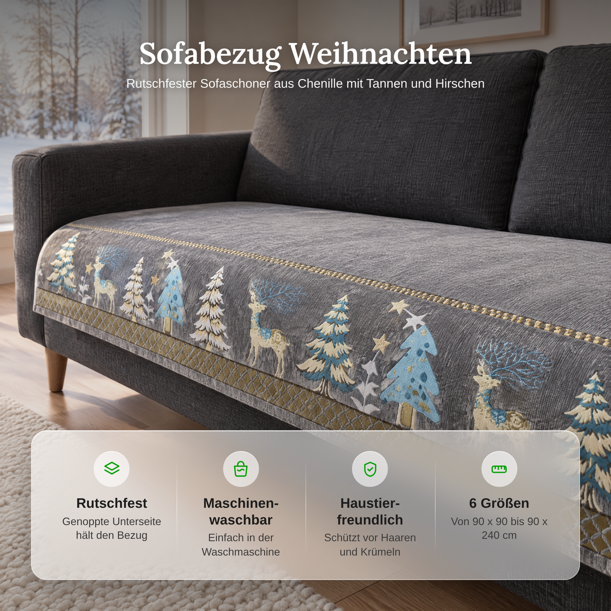 Vorteile des Sofabezugs Weihnachten: rutschfest, maschinenwaschbar, haustierfreundlich, 6 Größen