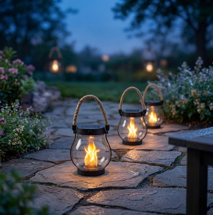 Drei Solarlaternen mit klarem Glas auf einem Gartenweg am Abend
