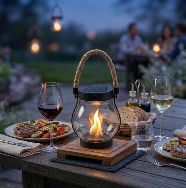 Solarlaterne mit klarem Glas auf einem gedeckten Gartentisch