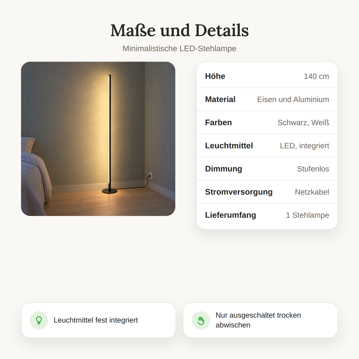 Maße und Details der LED-Stehlampe: Höhe 140 cm, Eisen und Aluminium, Schwarz oder Weiß
