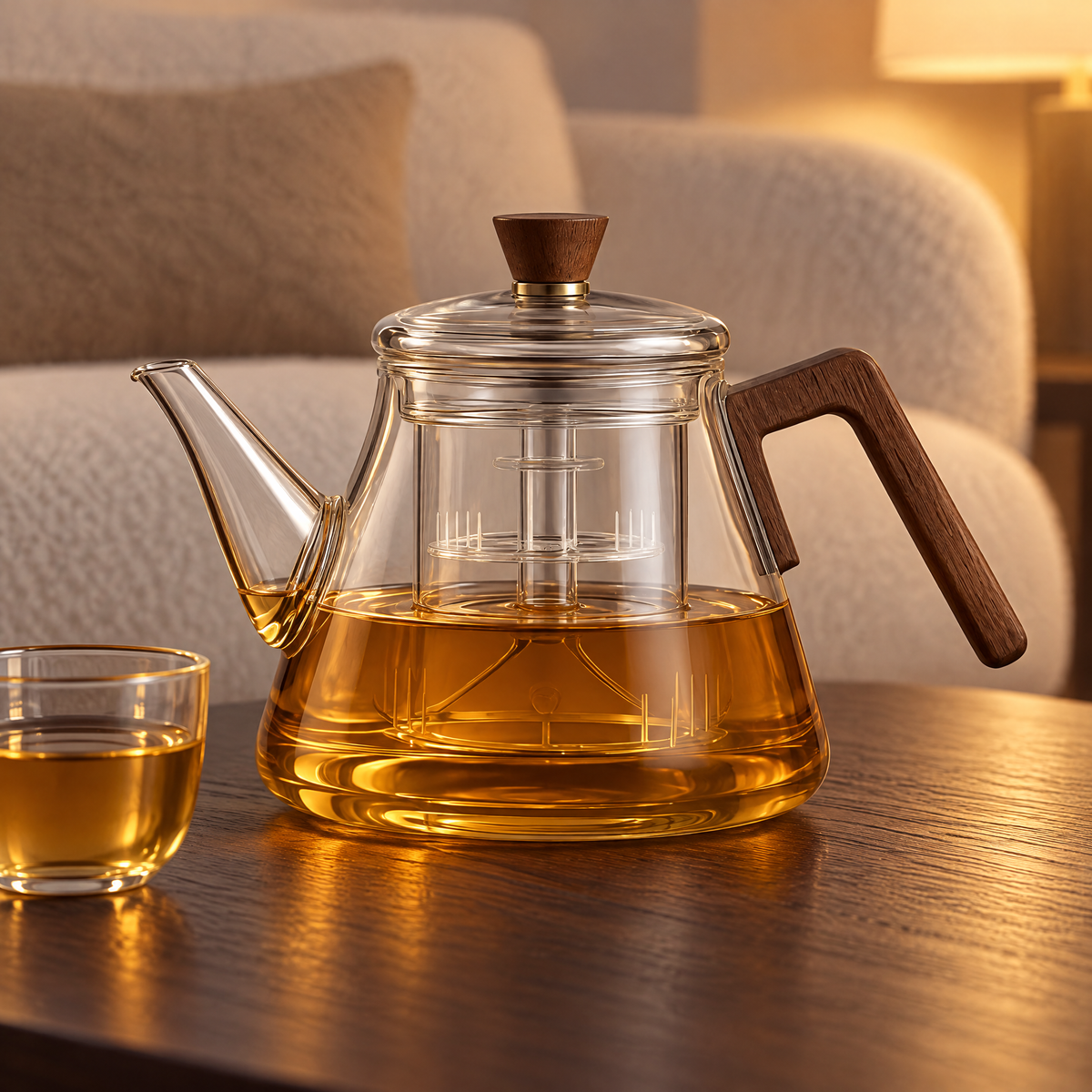 Moderne Teekanne mit Sieb aus Glas mit Holzgriff auf einem dunklen Couchtisch