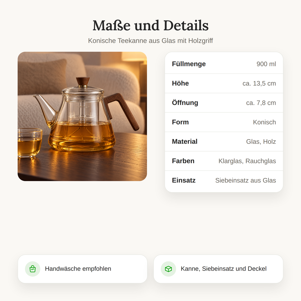 Maße der konischen Glas-Teekanne: 900 ml, Klarglas oder Rauchglas