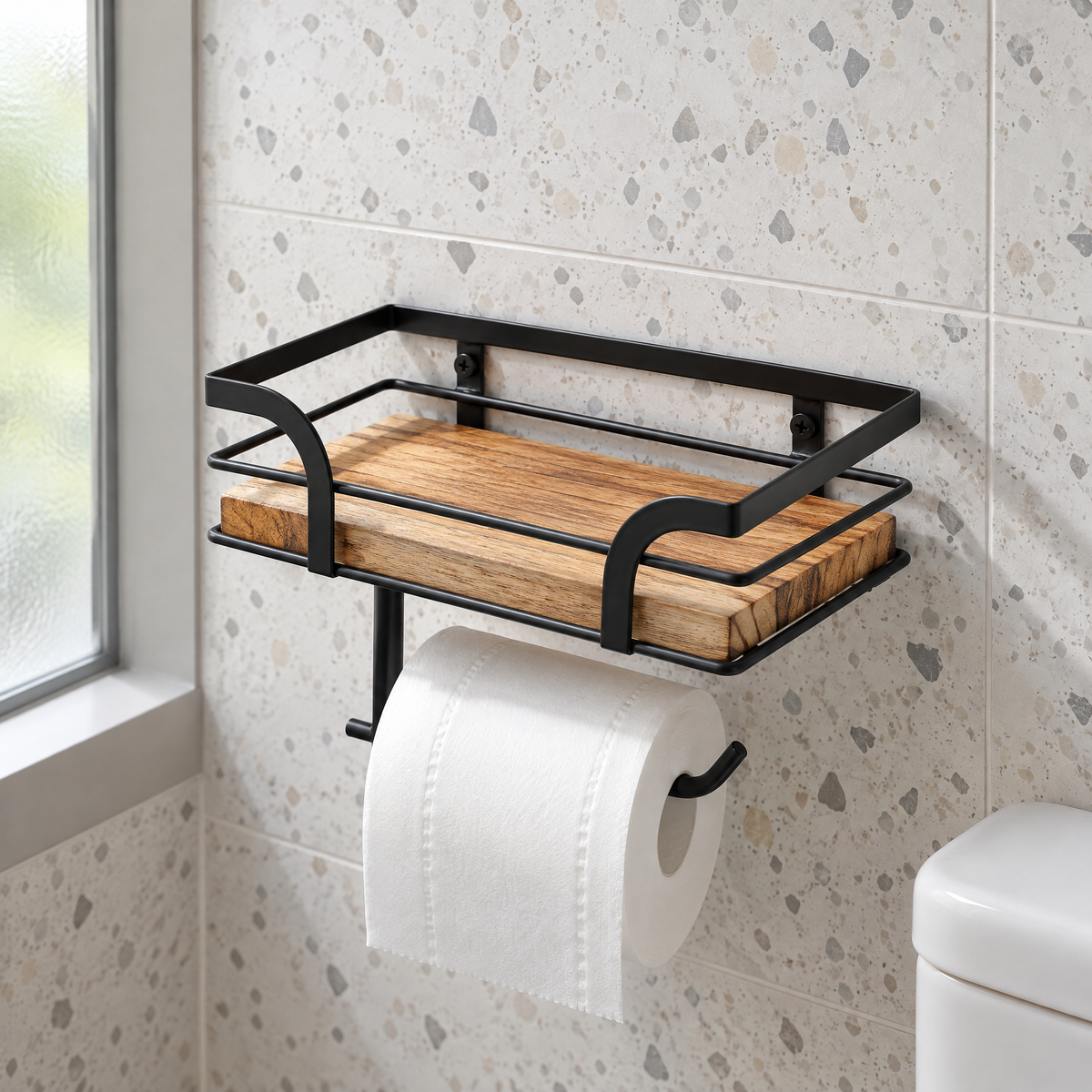 Toilettenpapierhalter mit Holzablage an einer Badezimmerwand mit Terrazzofliesen