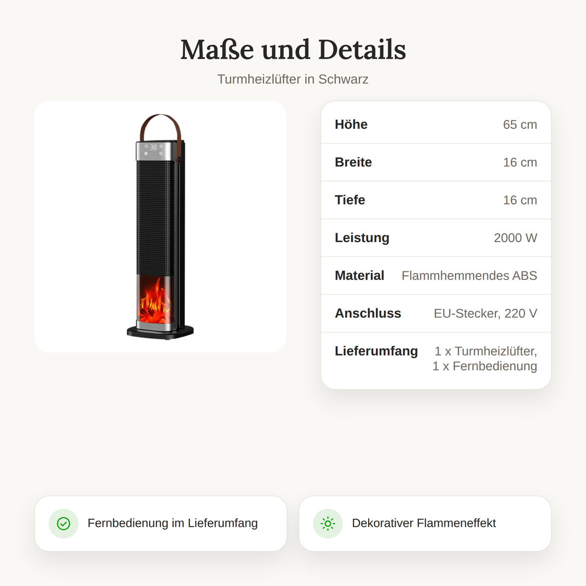Maße und Details des Turmheizlüfters in Schwarz