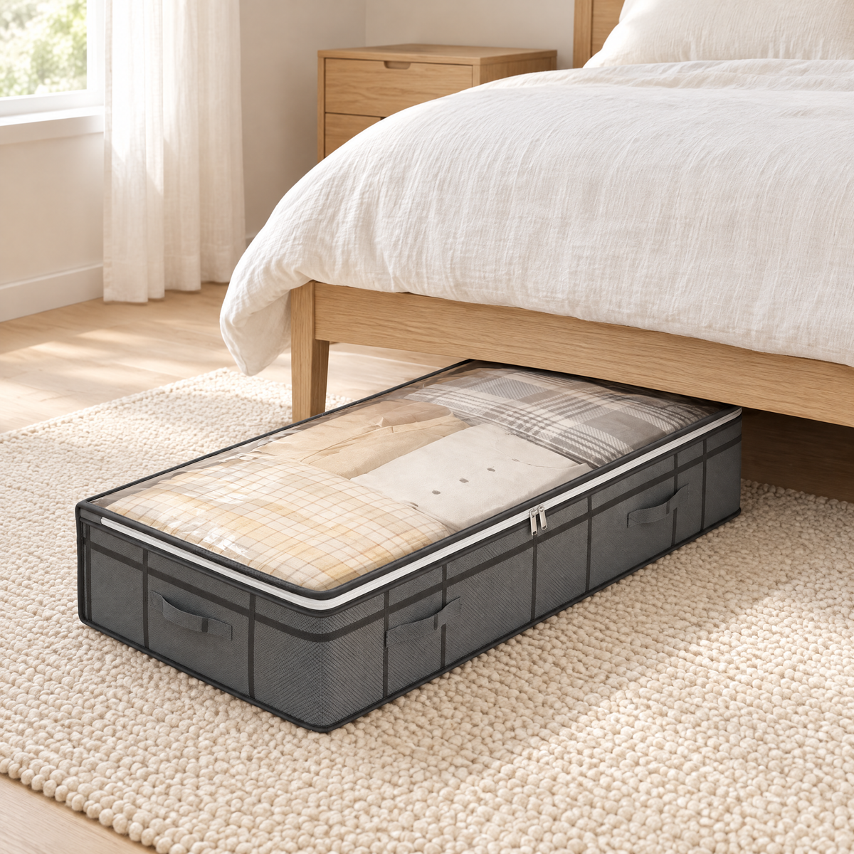 Graue Aufbewahrungsbox fürs Unterbett im hellen Schlafzimmer, halb unter das Bett geschoben