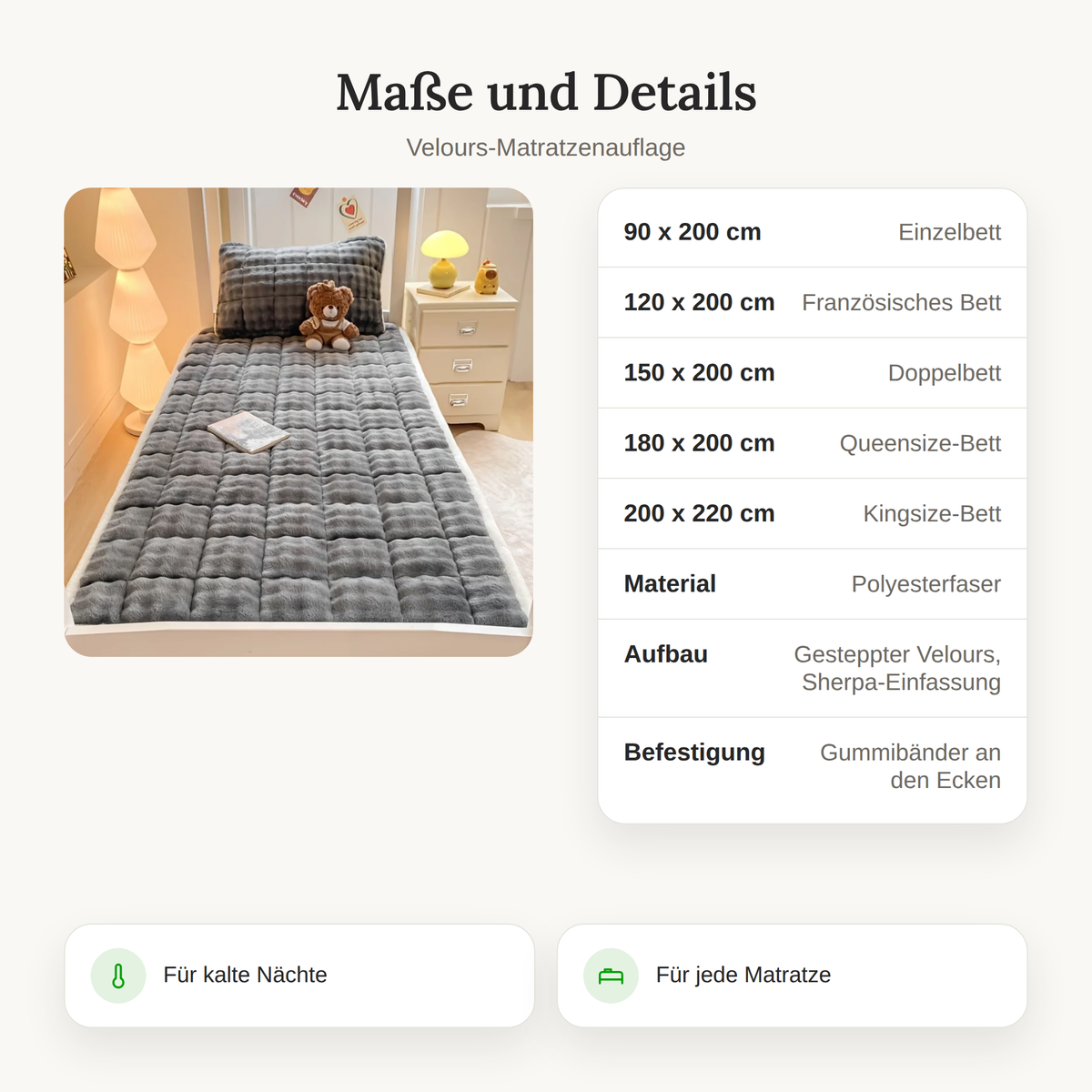 Maßtabelle der Velours-Matratzenauflage von 90x200 bis 200x220 cm mit Material und Aufbau