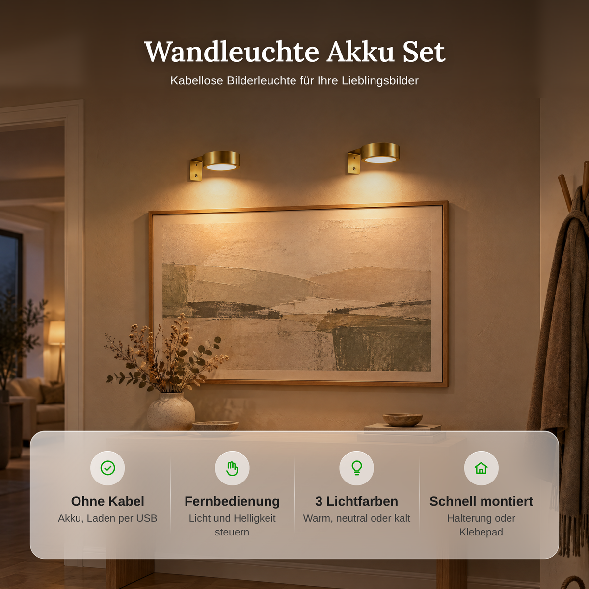 Vorteile der Wandleuchte Akku: ohne Kabel, Fernbedienung, 3 Lichtfarben, schnell montiert