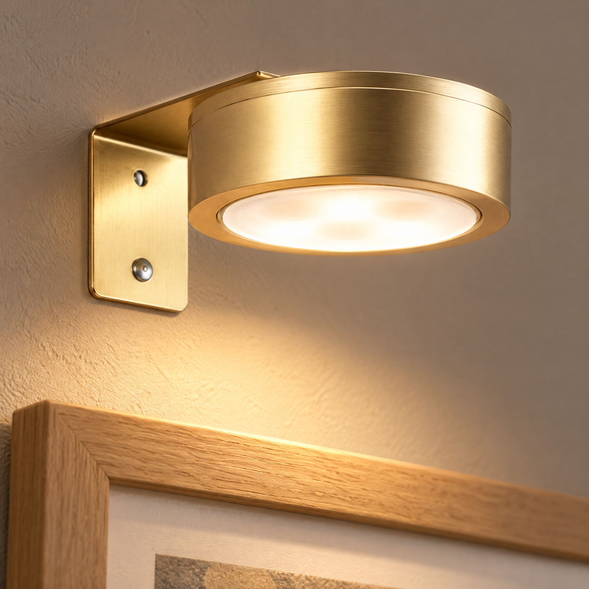 Nahaufnahme der goldenen LED Wandleuchte mit Akku auf ihrer Wandhalterung