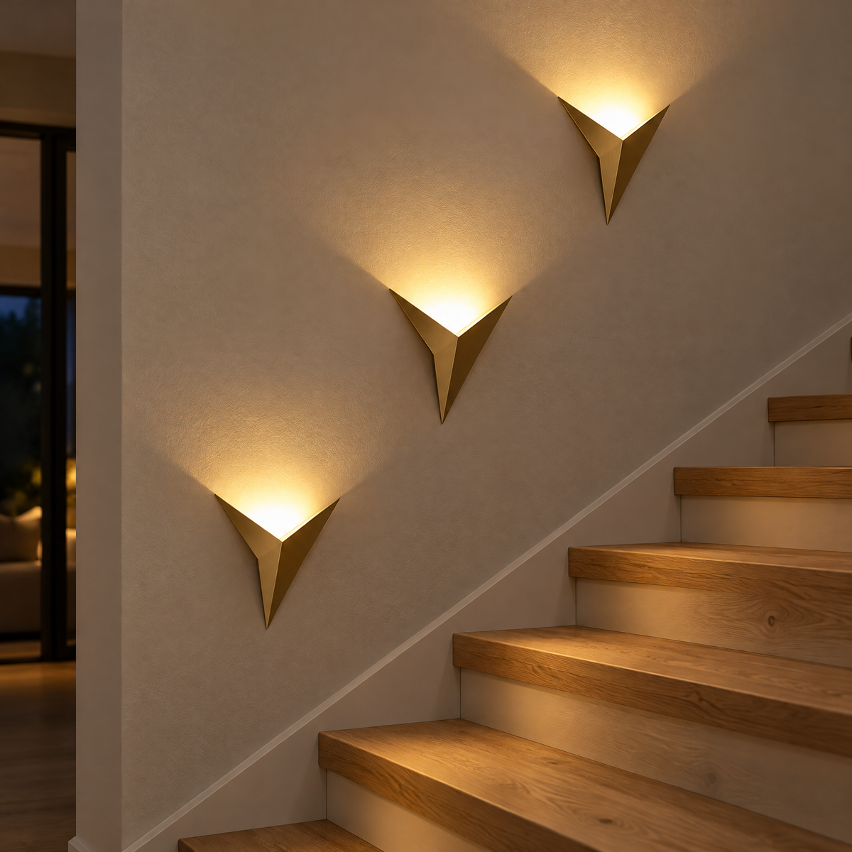 Drei goldene Dreieck Wandleuchten entlang der Treppe mit warmem Licht