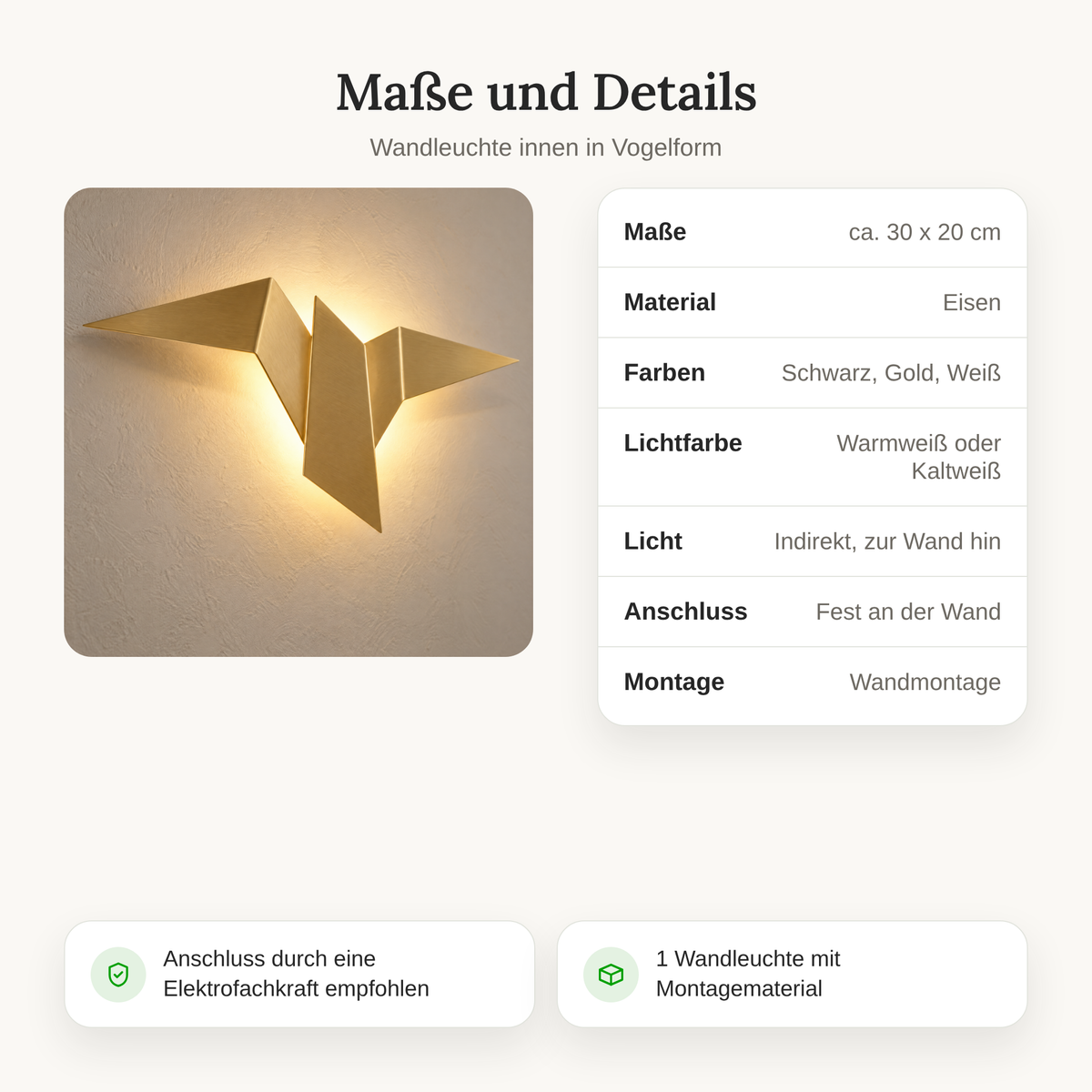 Maße und Details der Wandleuchte in Vogelform: ca. 30 x 20 cm, Eisen, Warmweiß oder Kaltweiß