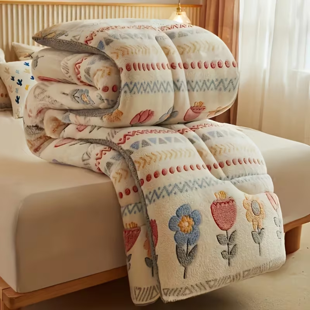 Gesteppte Bettdecke 220x240 cm mit Blumenmuster zusammengelegt auf dem Bett