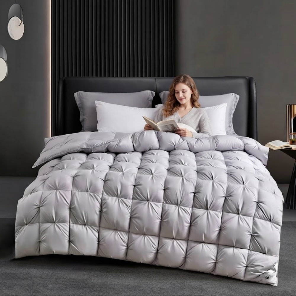 Frau liest im Bett unter einer grauen Winterbettdecke
