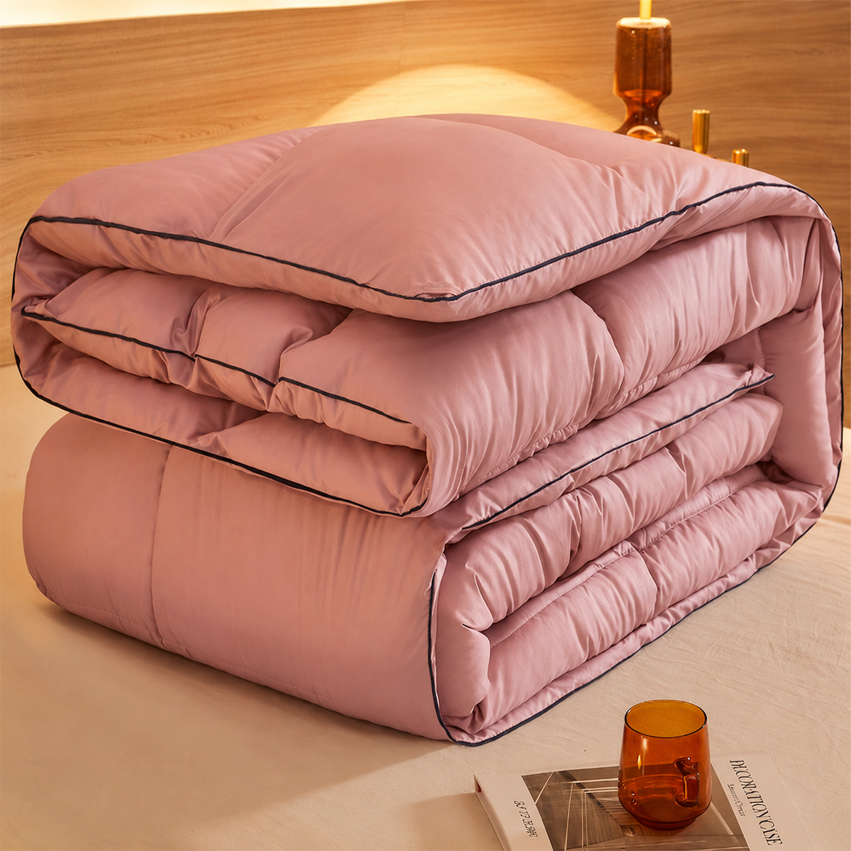 Zusammengelegte Winter-Bettdecke in Altrosa mit dunkler Paspel auf dem Bett