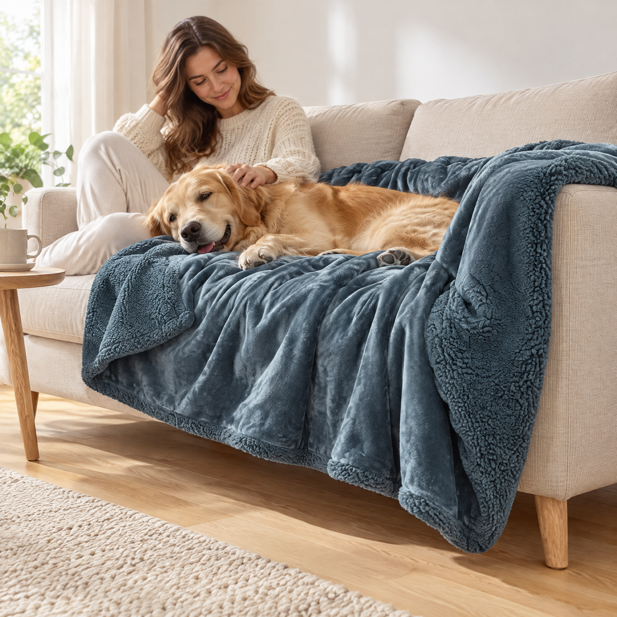 Frau streichelt ihren Hund auf der blaugrauen Kuscheldecke im Wohnzimmer