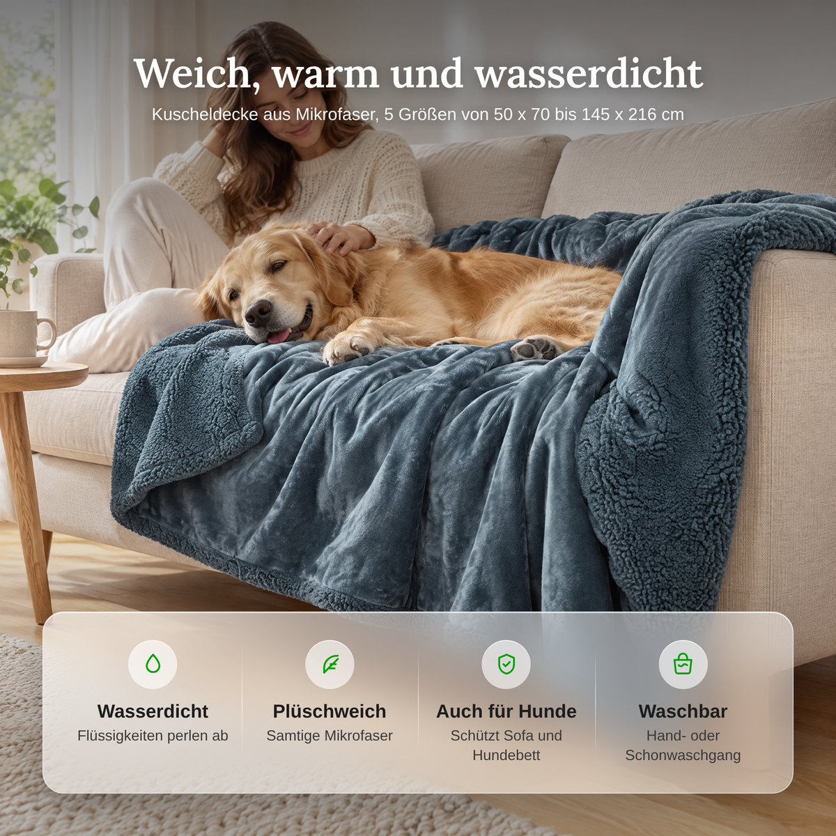 Vorteile der wasserdichten Kuscheldecke: wasserdicht, plüschweich, auch für Hunde, waschbar