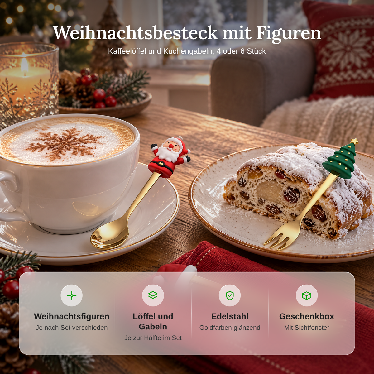 Vorteile des Weihnachtsbestecks: Weihnachtsfiguren, Löffel und Gabeln, Edelstahl goldfarben, Geschenkbox mit Sichtfenster