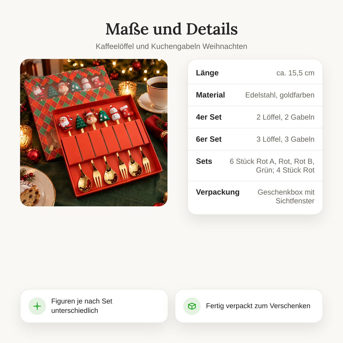 Maße und Details: Kaffeelöffel und Kuchengabeln ca. 15,5 cm, Edelstahl goldfarben, 4er Set mit 2 Löffeln und 2 Gabeln, 6er Set mit 3 und 3
