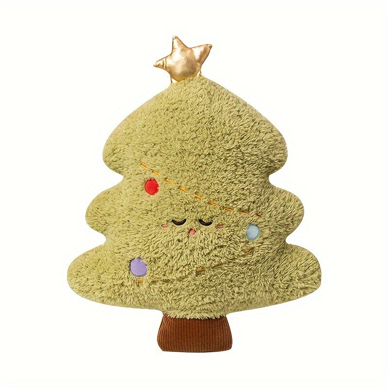 Weihnachtskissen Weihnachtsbaum aus grünem Plüsch mit goldenem Stern vor weißem Hintergrund